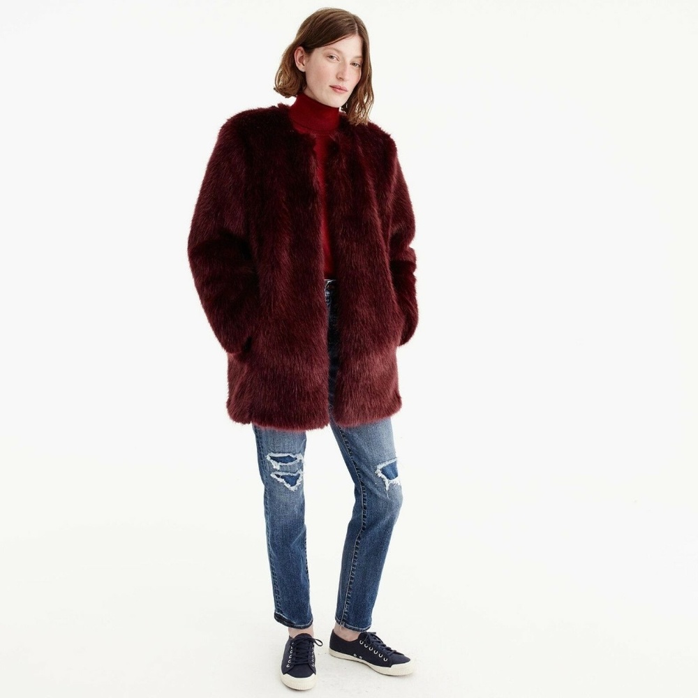NWOT J. Crew Collection Faux Fur Burgundy Coat